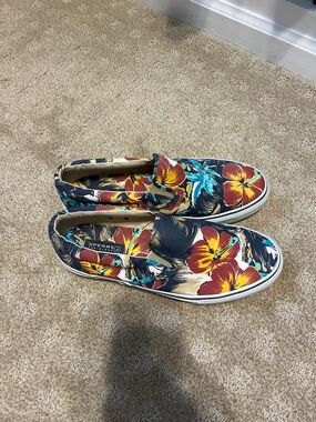 Sperry Navy Slip-On Sneakers with Red & Yellow Floral Print - worn only twice